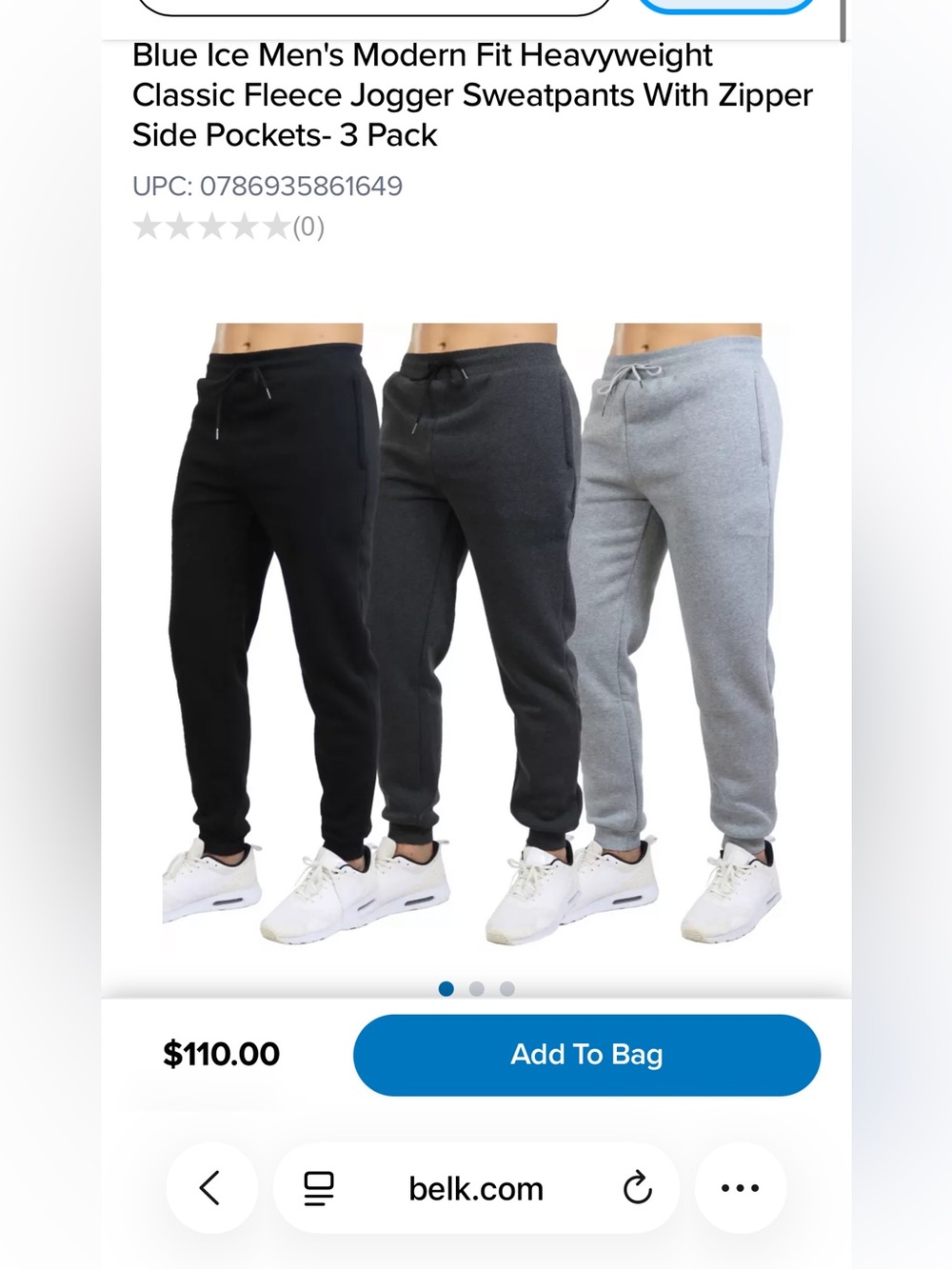 Blue ice Men's Jogger Sweatpants Trio - Black, Charcoal, Light Gray